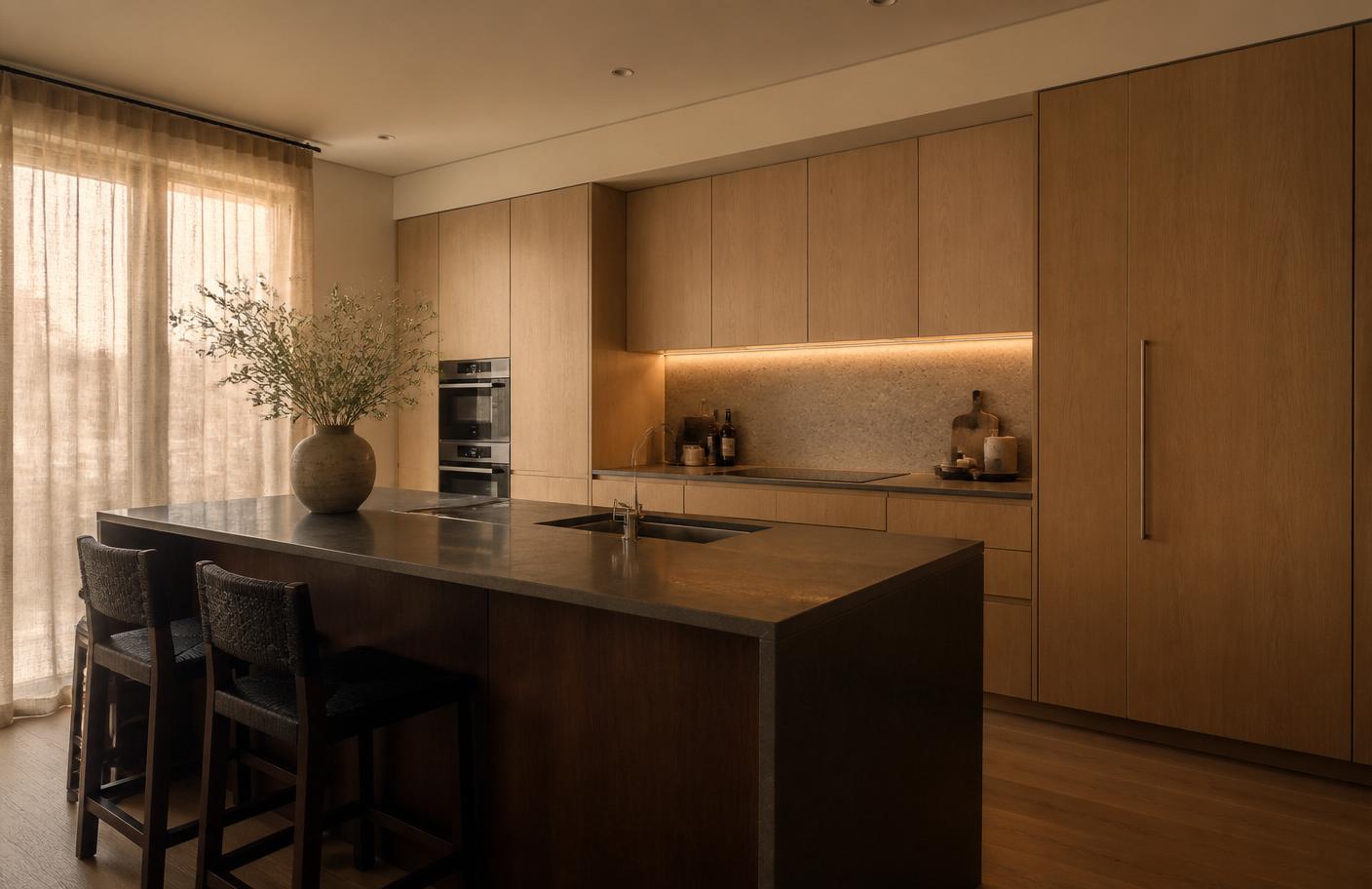 Cozinha moderna concluída com bancada em mármore e armários em antracite