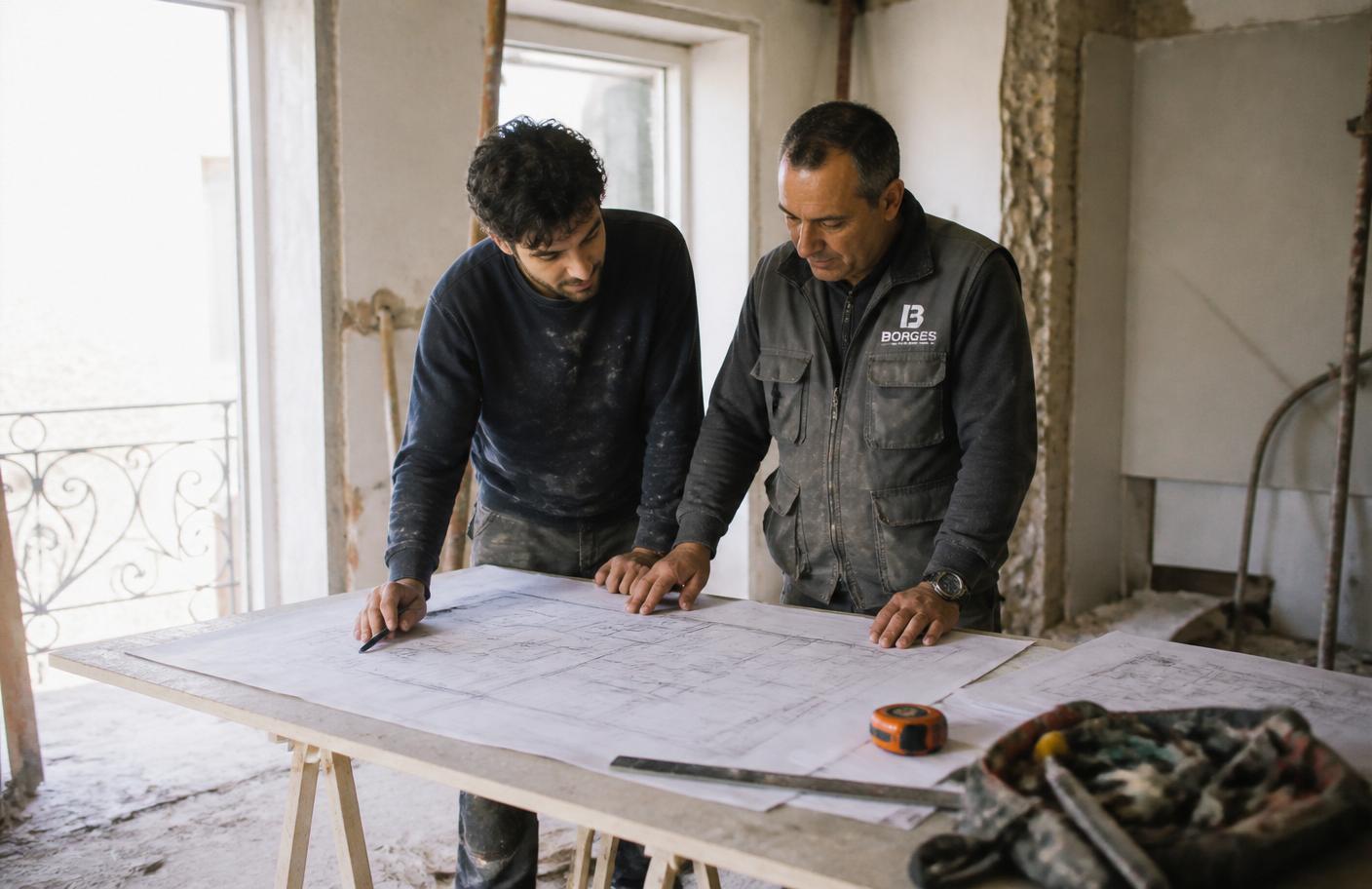 Equipa STROX a analisar um projeto de remodelação no interior de uma moradia